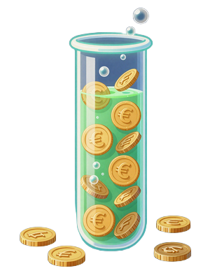 Reagenzglas mit Goldm&uuml;nzen f&uuml;r 100 Prozent Willkommensbonus bei CasinoLab